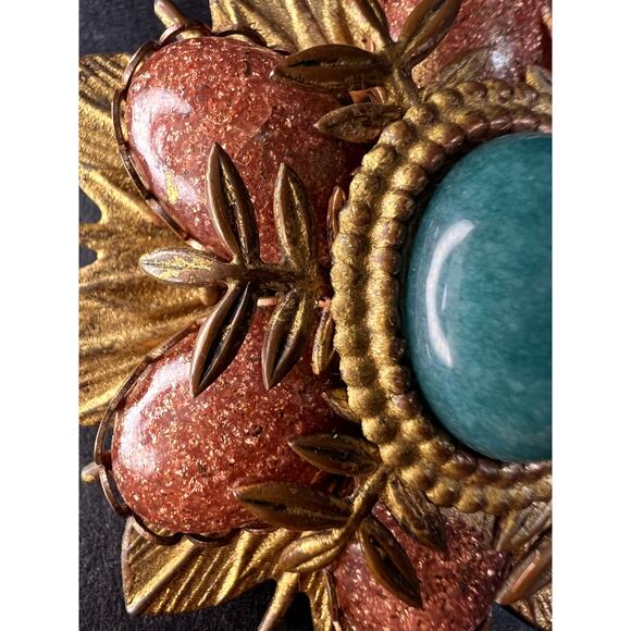 Vintage DeNicola Style Floral Brooch Gold Tone Faux Turquoise Glitter Cab - Picture 2 of 10